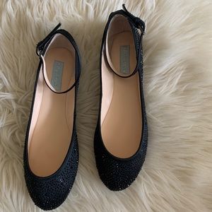 “Joy” Black Sparkly Rhinestone Satin Strappy Flats